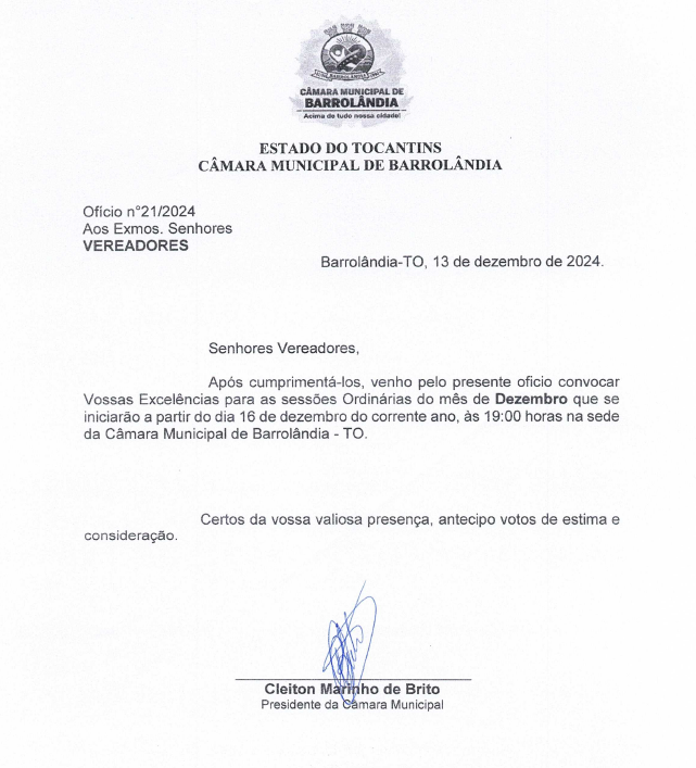 Câmara Municipal de Barrolândia Convida População para Sessões Ordinárias de Dezembro